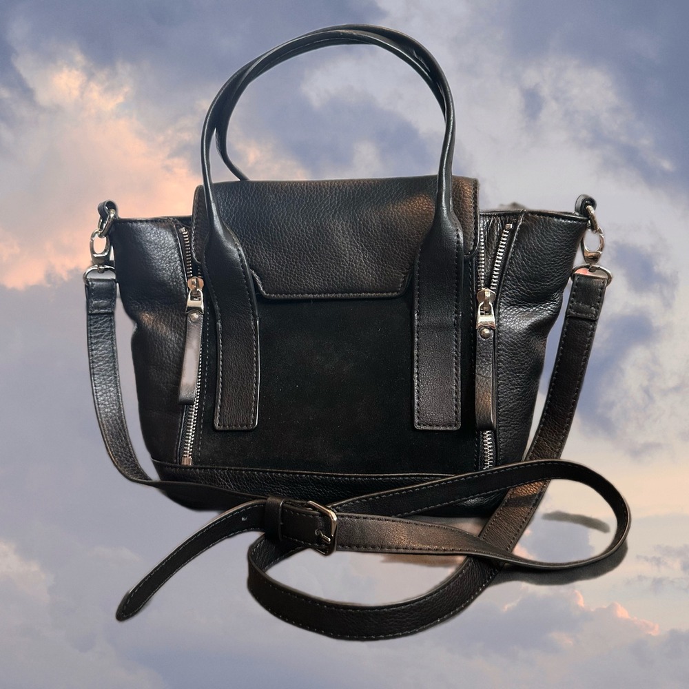 Audrey Brooke Black Pebbled Leather Suede Satchel Crossbody Bag Silver Hardware